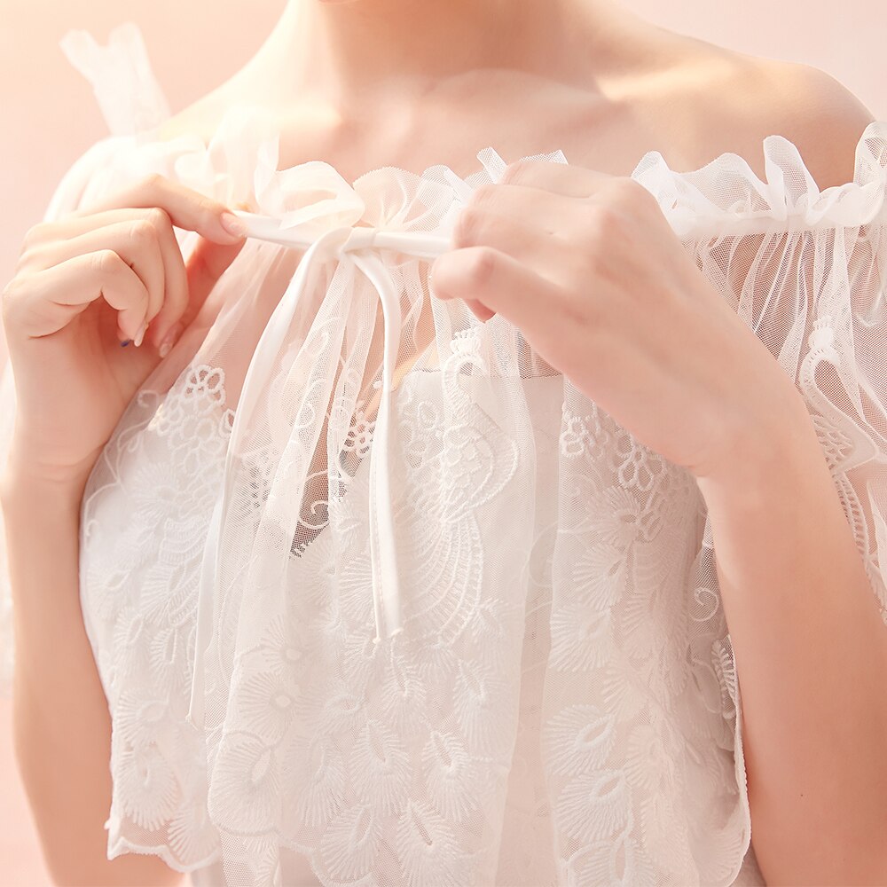 Ivory Women Tulle Wedding Bridal Stole Sheer Lace Ruffle Off the Shoulder Wrap Simple Formal Shawl with Ribbon