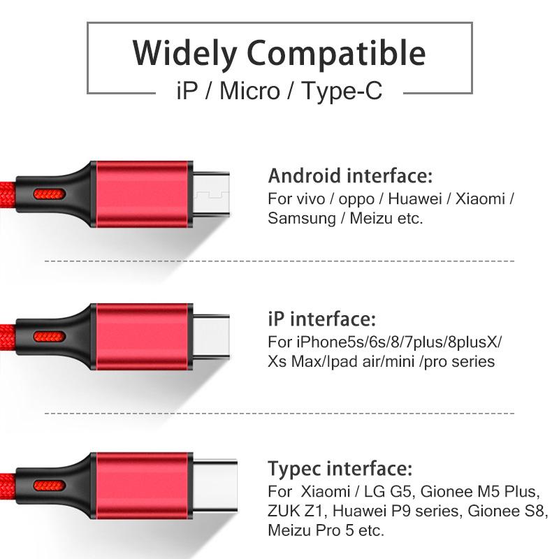 Usb Type C Kabel Lightning Kabel Micro Usb Datakabel Nylon Gevlochten Quick Lading 3.4A Rood Blauw Zwart 1M