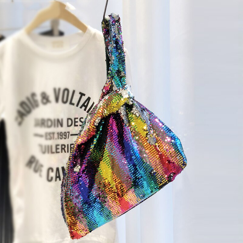 Color Sequin Bag Ins Color Changing Handmade Beaded Shopping Bag Handbag Shoulder Bag Women's Bag