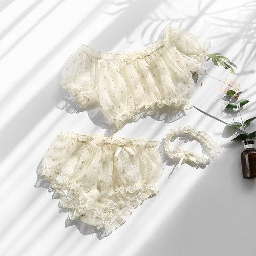 Pastal jente stil sexy undertøy undertøy gjennomsiktig blomster søt chiffon vakker tube topp bh truse ben ring 3 stk sett: Gul