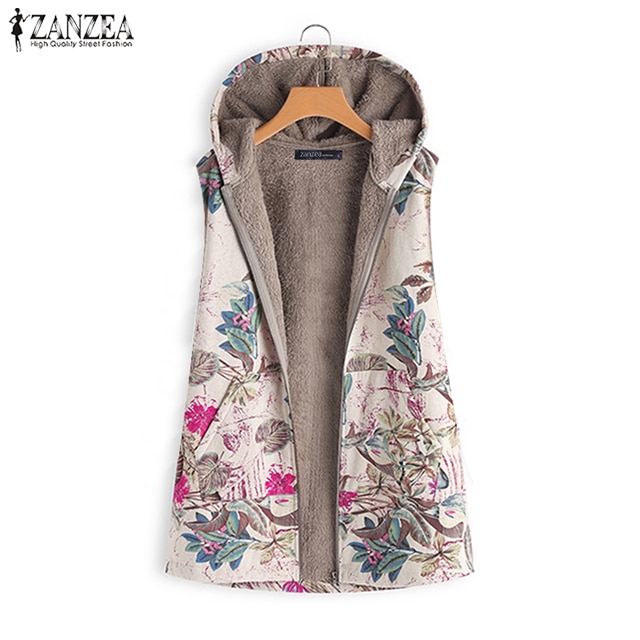 Winter Vintage Bloemen Gedrukt Jas Jassen ZANZEA Herfst Rits Uitloper Vrouwen Capuchon Katoenen Faux Pluizige Warme Jassen Oversize
