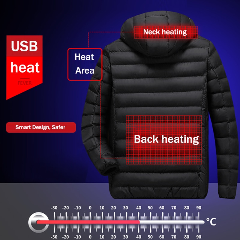 Män vinter varma usb värmejackor smart termostat huva uppvärmd vadderad jacka kläder vattentäta varma jackor