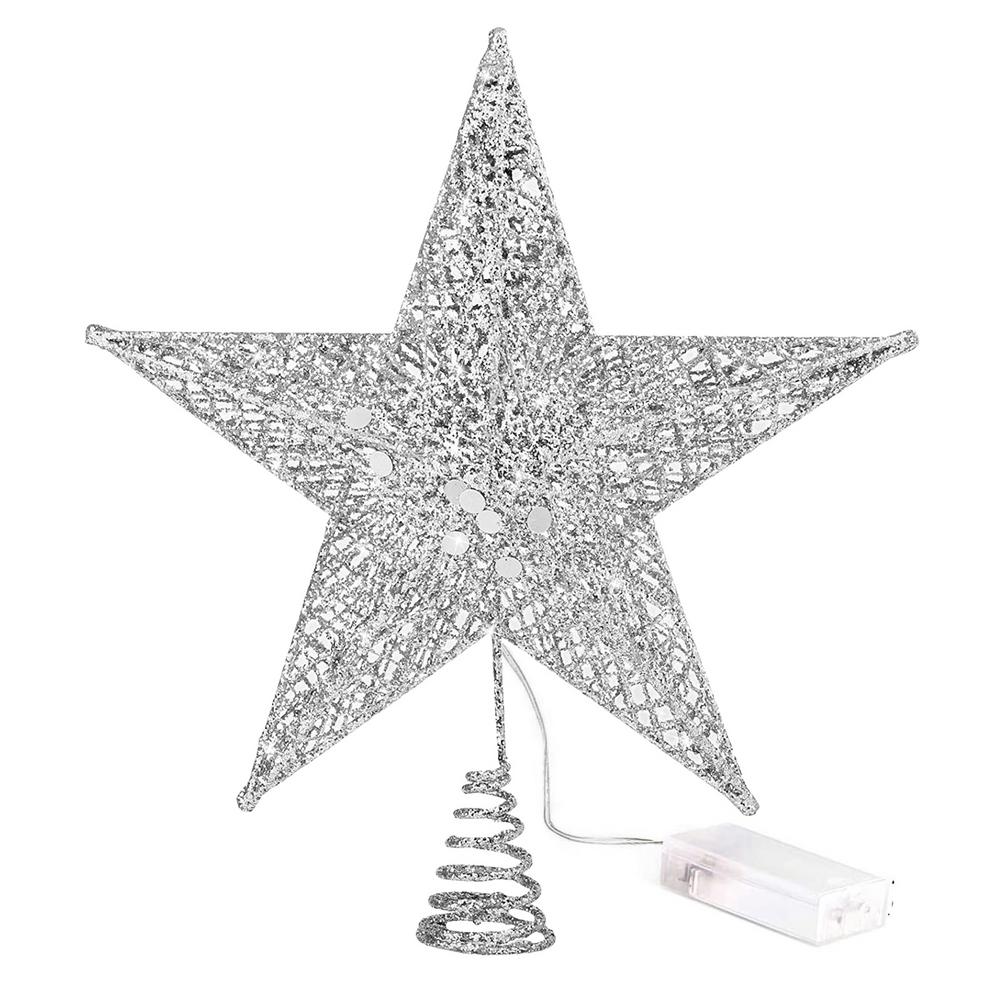 Kerstboom Ster Opknoping Decor Pentagram Hanger Shiny Vijfpuntige Ster Boom Top Ster Party Decoratie Met Led Verlichting: Silver