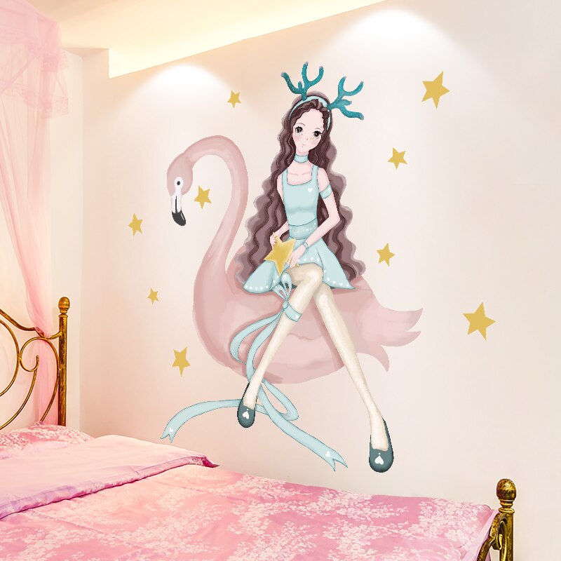 Muurstickers voor cartoonmeisjes, doe-het-zelf flamingo-dieren, muurstickers voor kinderkamers, babykamer, kinderkamer, huisdecoratie