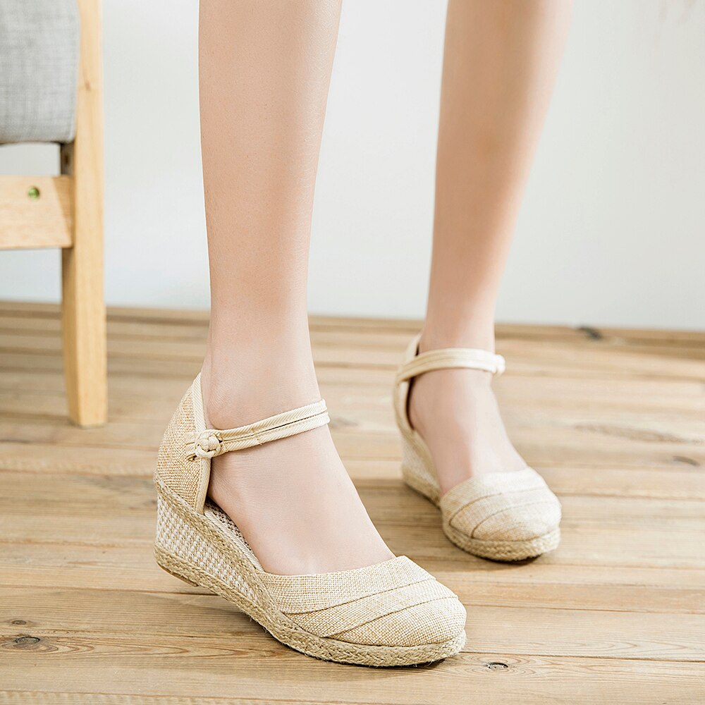 Veowalk – Espadrilles à semelles compensées en lin pour femmes, sandales faites à la main en Patchwork, plates-formes de 6cm, chaussures bohème, escarpins d'été: Beige / 5