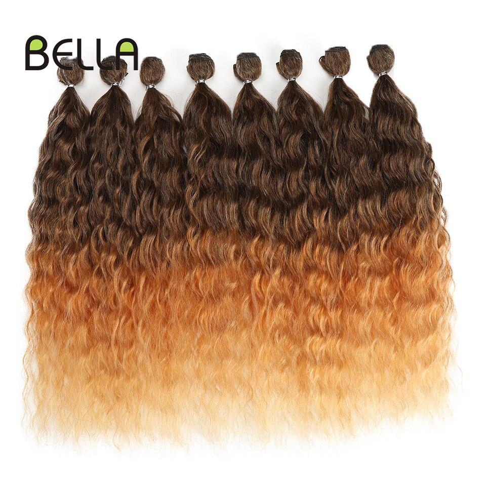 Bella-extensiones de cabello rizado sintético para mujer, mechones de pelo ondulado con cierre, color marrón degradado de 20 pulgadas, 9 unids/paquete: T077