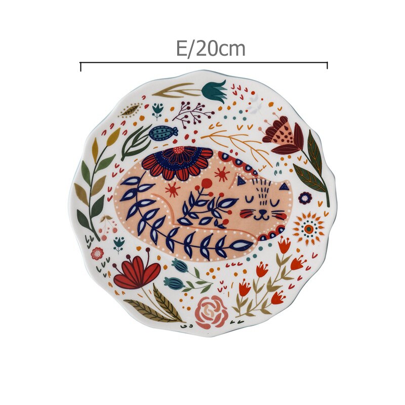 8 inch Hand-painted Cat Dinner Plate Under-glazed Ceramic Dinner Dishes Dessert Tray Flower Kitten Dinnerware Microwave Safe: E