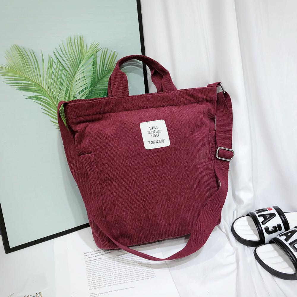 Women Corduroy Shoulder Bags Soft Cloth Handbag Tote Female Crossbody Messenger Bags Ladies Canvas Zipper Purses Shopping Bag: Burgundy