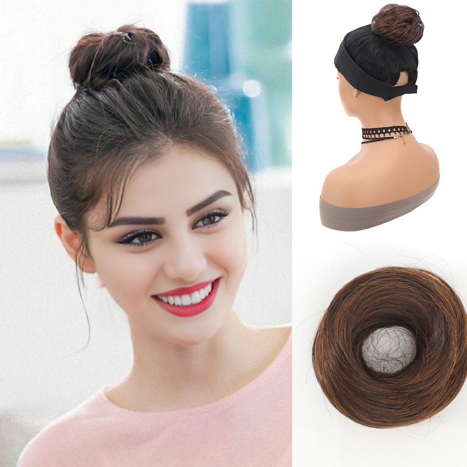 Allaosify moño sintético femenino fibra sintética pelo liso círculo cuerda elástica, color de cabello natural accesorios para el cabello luz oscura