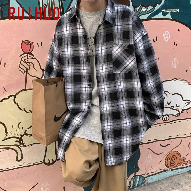 RUIHUO Plaid Men Shirts For Men Clothing Korean Style Men Shirt Long Sleeve Harajuku Plaid Shirt Korean Clothes 2XL Spring: Black / Asian size M