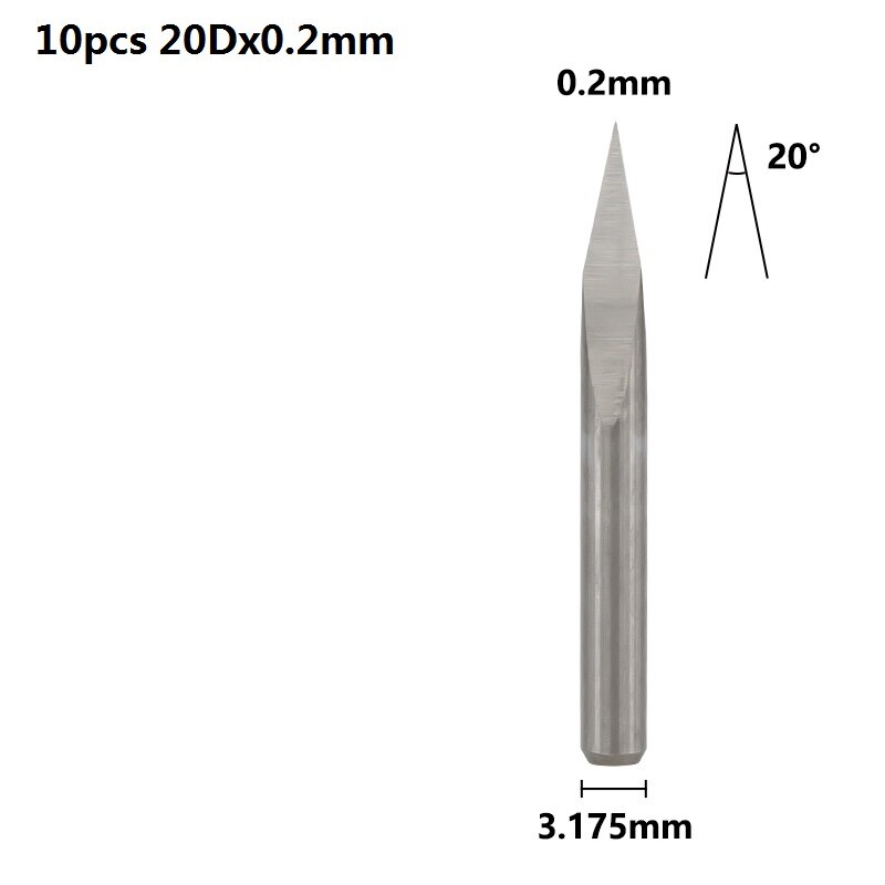 Xcan 3 Rand Piramide Graveren Bits 10 Stuks 20/30/40/45/60/90 Graden Tip 0.1-0.3Mm 3.175Mm Shank Cnc 3D Frees: 10pcs 20Dx0.2mm
