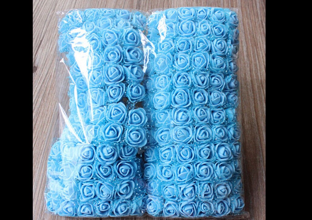 144 stks een set Mini Foam Rose Kunstmatige Bloem Roos Boeket Bruiloft Decor Craft DIY: Blauw