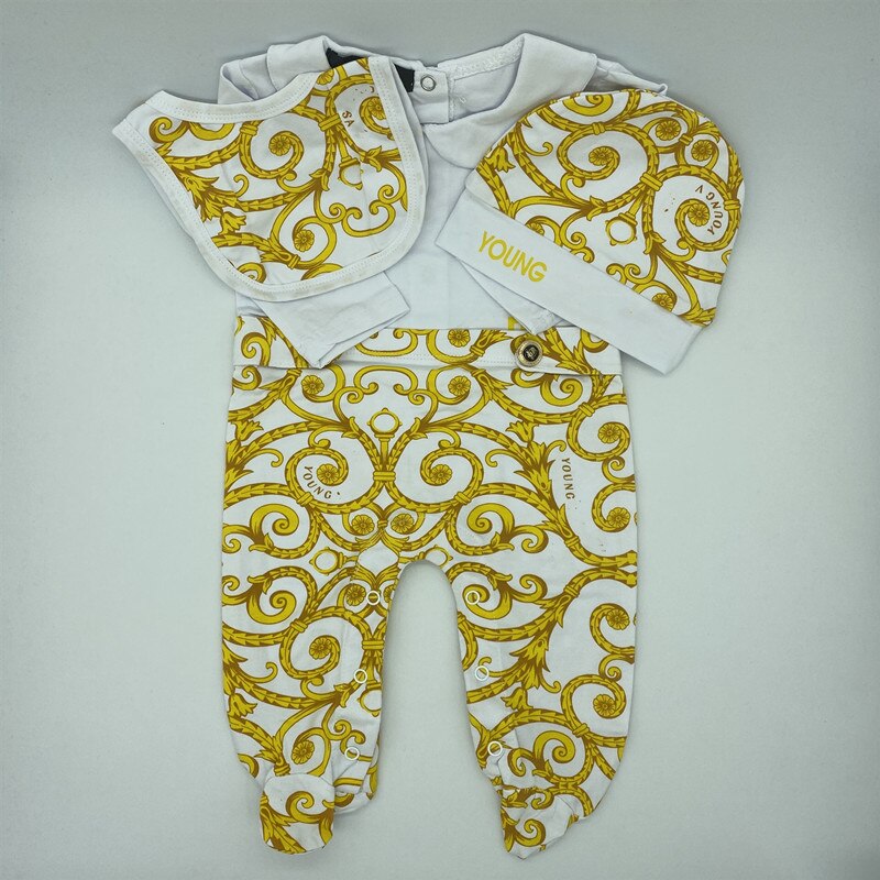 2020 nuova Primavera infantile Del Pagliaccetto + pettorina + cappello Vestiti impostato Fiore D'oro Pagliaccetto per il bambino Appena nato Tuta Tre-pezzi Vestiti Del bambino: romper / 3-6M