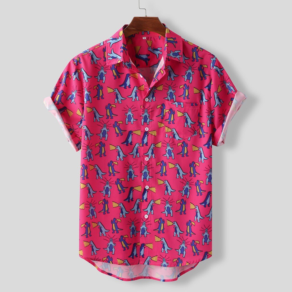 Men's Dinosaur Print Summer Short Sleeve Loose Buttons Hawaiian Casual Shirt Blouse Tee Shirt Homme Tops tees 207