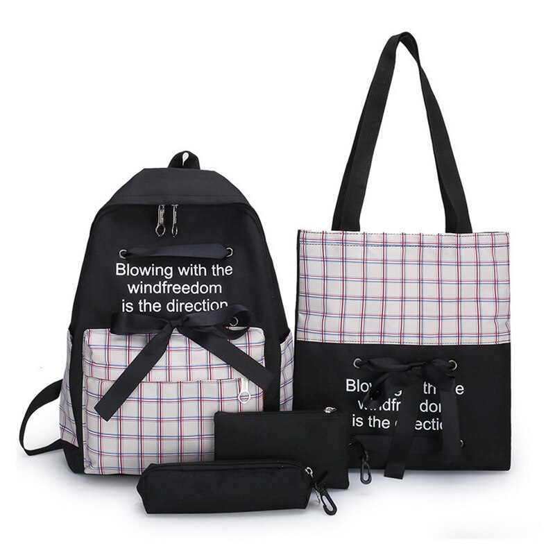 5- delige set canvas damesrugzak schooltas voor tienermeisjes 15.6 laptoprugzakken dames schoudertas mochilas para mujer: Zwart b -4 stuks