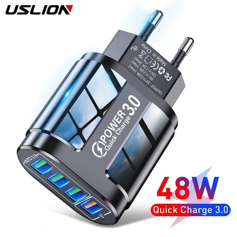 USLION 3A Schnelle Ladegerät Für iPhone 12 11 4 Port 48W Wand USB Ladegerät EU/UNS Stecker Adapter für Samsung huawei Handy Ladegerät