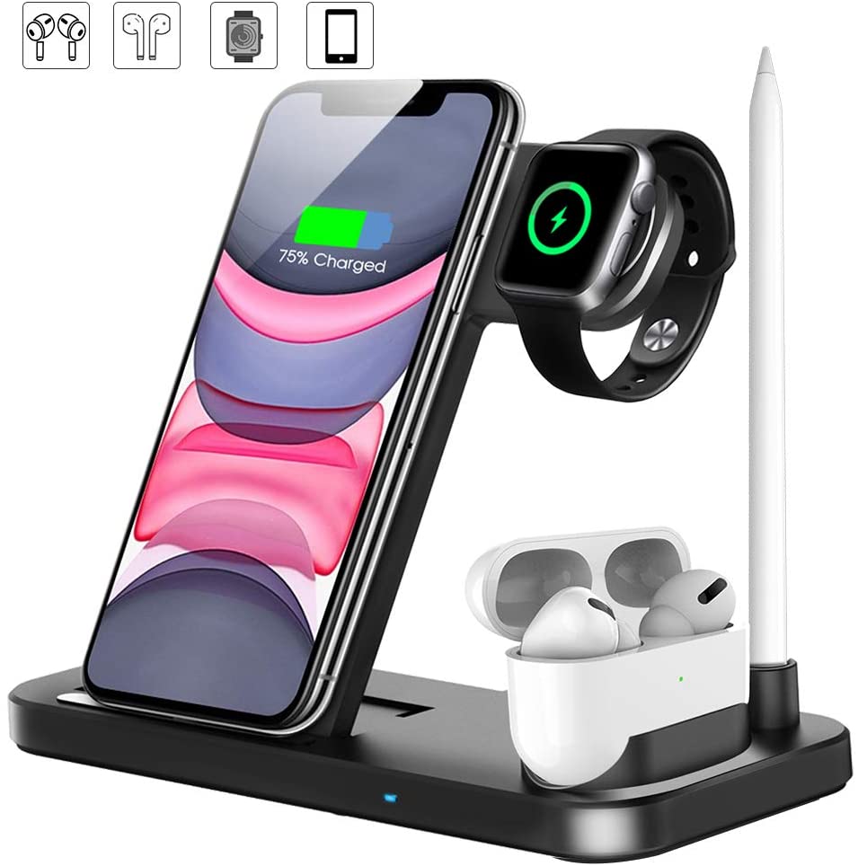 4 in1 Chargeur Sans Fil Qi 10W Support De Chargement Rapide pour iPhone 11 X XS XR XS Max 8 Plus SE2020 Pour Apple Montre 5 4 3 2 Airpods/Pro: Black