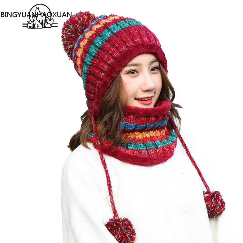 BINGYUANHAOXUAN-gorro de punto para mujer, gorros con bufanda, gorros, gorros de invierno cálido holgado para niña, gorros de lana para niña