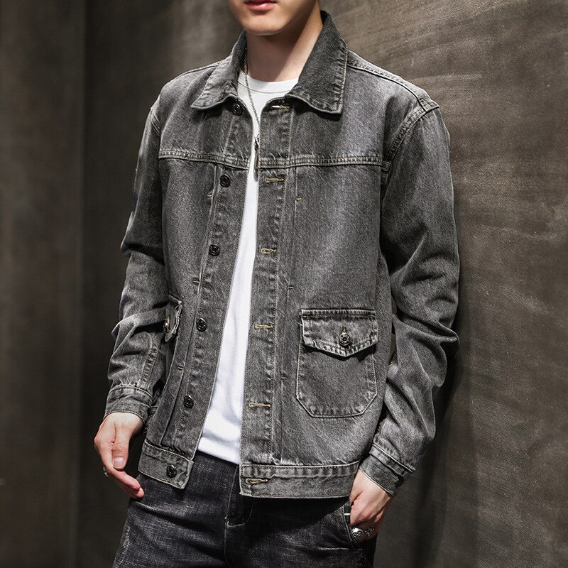 Spring autumn gray denim jacket men\'s trendy brand street jacket handsome Korean style teenagers denim jacket