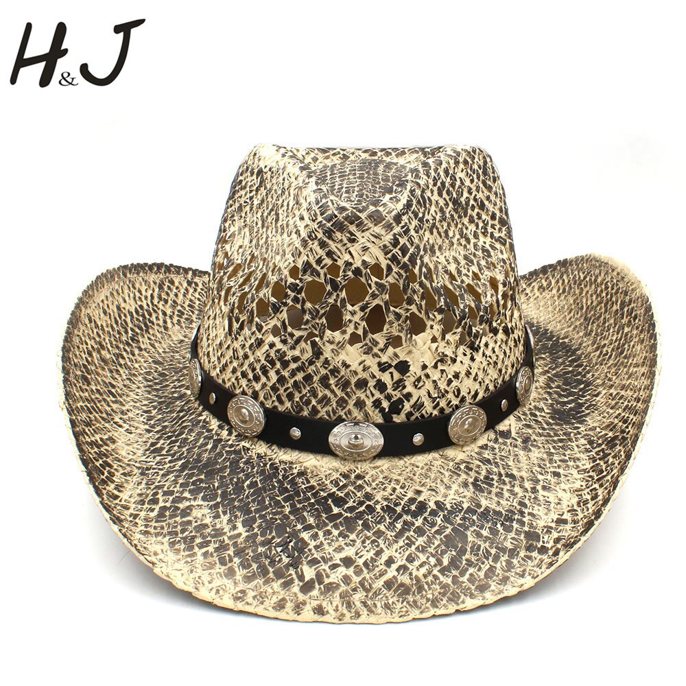 100% Straw Men Western Cowboy Hat Handmade Weave Dad Sombrero Hombre Cowgirl Jazz Caps Punk Belt Band Size 56-58CM