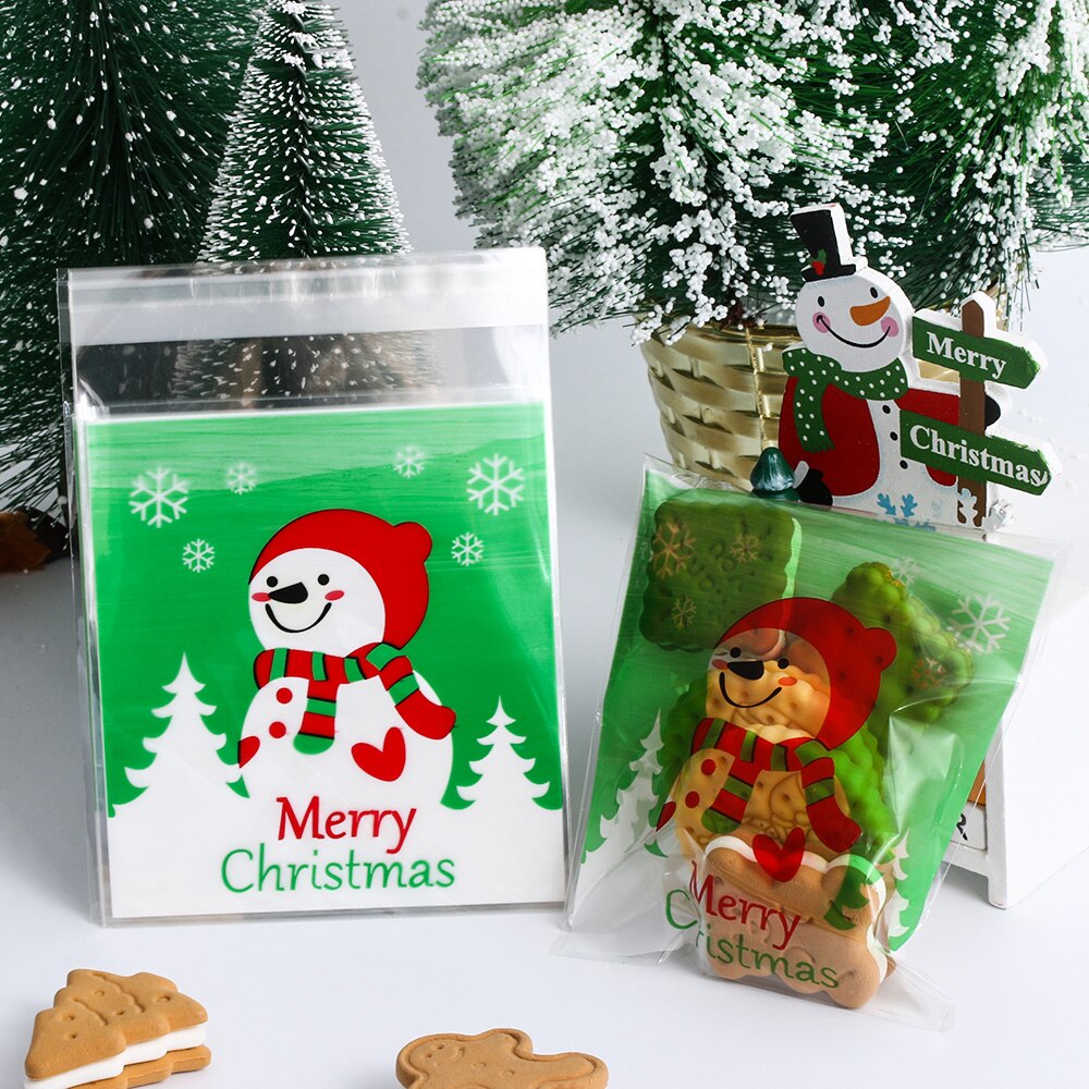 50 stuks vrolijke kerstzakjes bakzakken cartoon kerstman sneeuwpop snack plastic snoepzakjes zelfklevende zak opbergzak