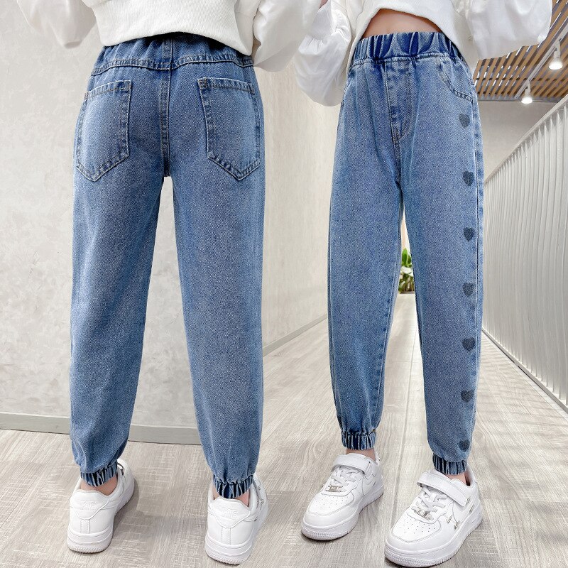 Jean pour filles, pantalon en Denim, motif cœur, décontracté, pour adolescentes de 6, 8, 10, 12 ans, collection printemps-automne