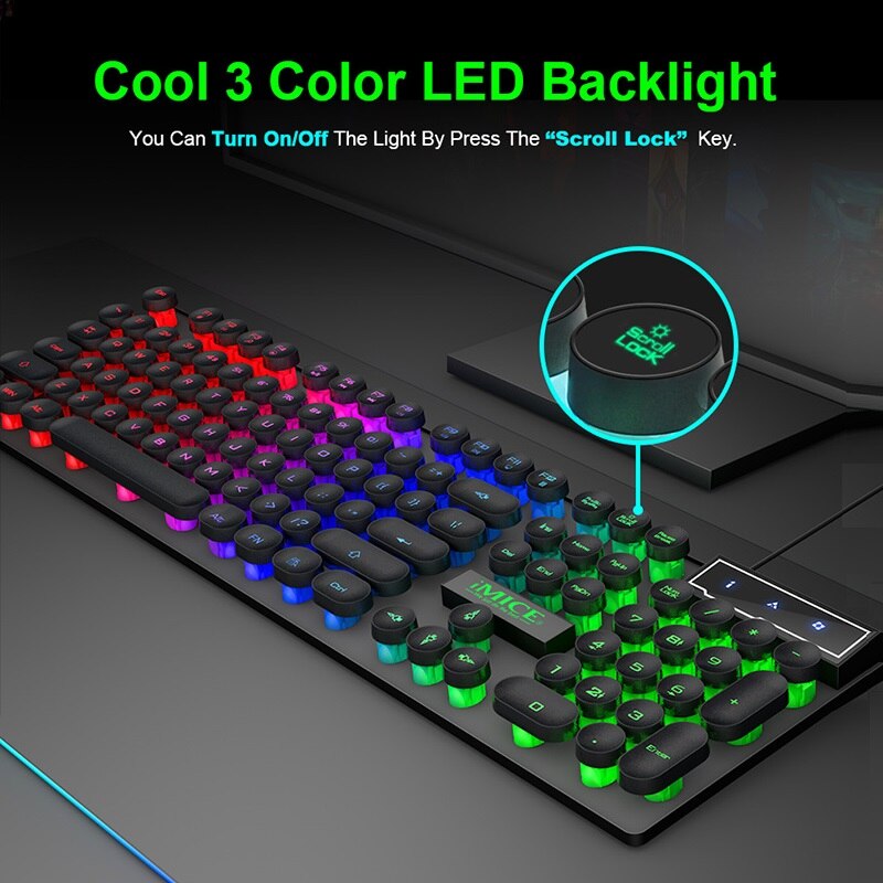 2 IN 1 Keyboard and Mouse USB Desktop Punk Floating Round Keycap Luminous Lighting Gaming Keyboard Wired USB 2400DPI Mice for PC