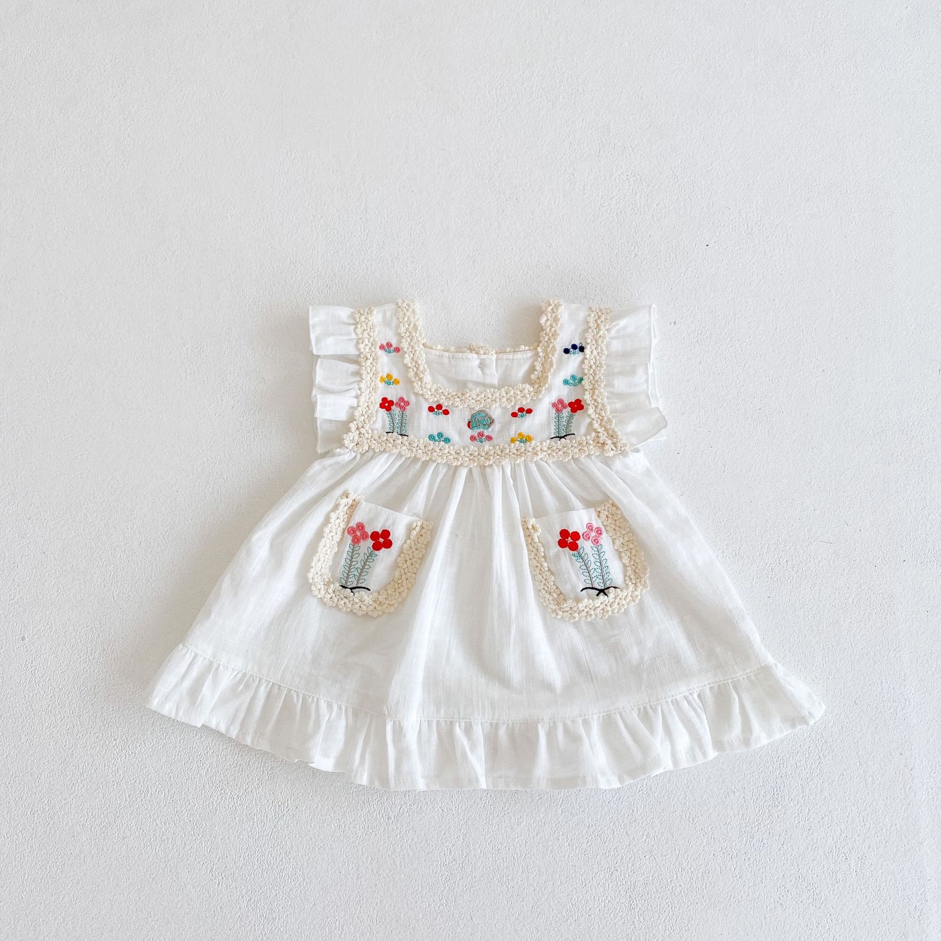 Vestito estivo senza maniche ricamato a fiori in cotone per bambina: 3M