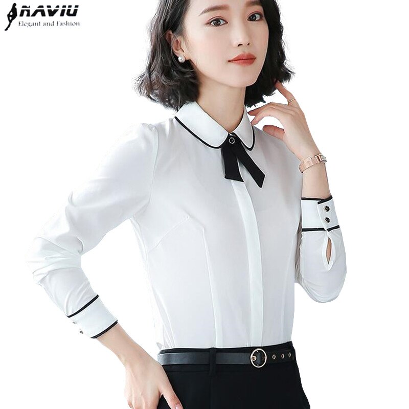 Naviu Spring Women Blouse Clothes Formal Business Slim Long Sleeve Chiffon Bow Tie Shirt Office Lady Plus Size Tops