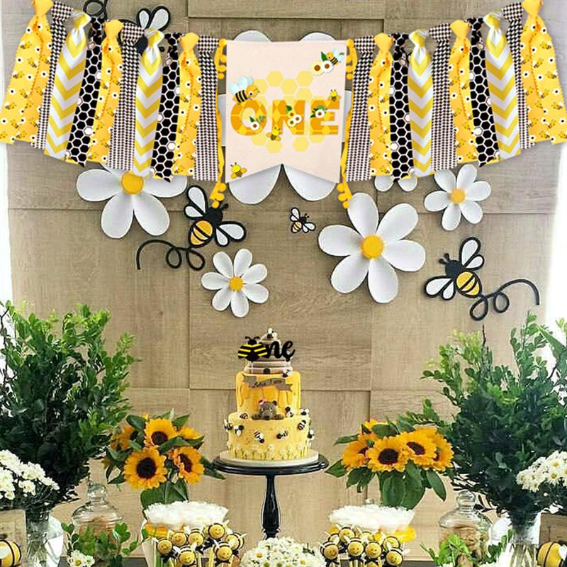 3Pcs Bumble Bee Eerste Verjaardag Decoratie Kit Feestelijke Banner Hoed en Cake Toppers voor Baby Verjaardag Venue Decoratie