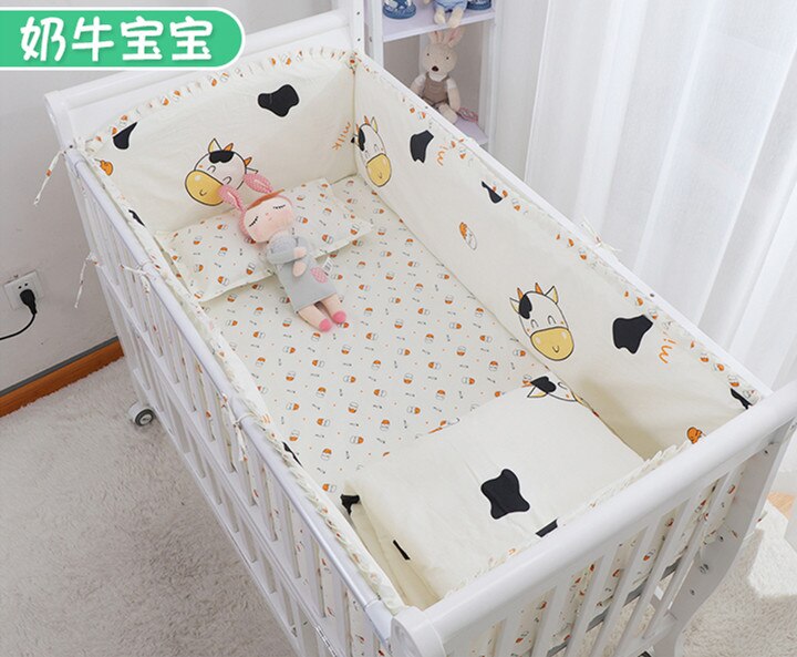 6 Pcs Koe Baby Beddengoed Sets Katoenen Baby Wieg Protector Soft Cot Beddengoed Pakket, baby Beddengoed (4 Bumpers + Sheet + Kussen Cover)