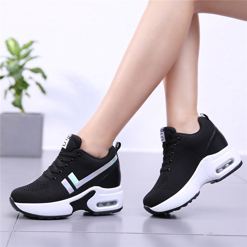 Salg sneakers kvinder sko kvinde blonder åndbare dame sko behagelig afslappet tennis kvinde platform wedge sko: Sort / 34