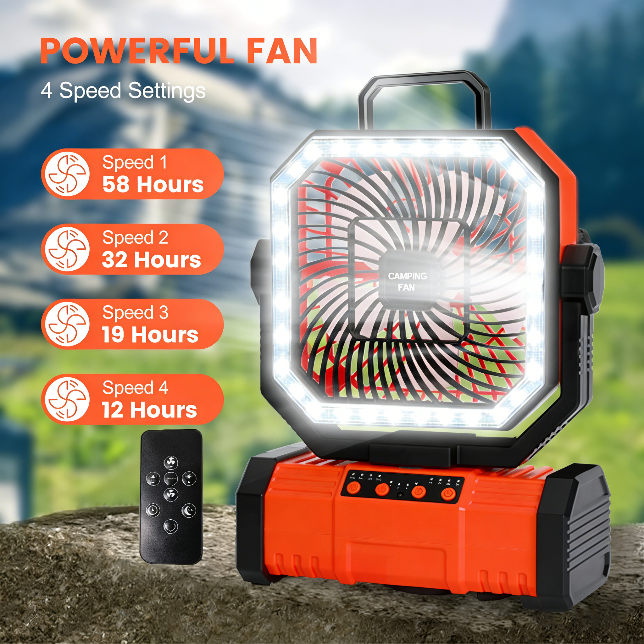 Ventilator de camping alimentat cu baterii de 20000 mah cu cârlig de agățare cu rotație de 360 ° pentru corturi de pescuit, ventilator de tavan reîncărcabil pentru camping: Portocale