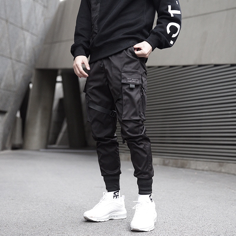 Pantalones Cargo de bolsillo negro para hombre, pantalón de chándal Harajuku, pantalones de chándal, Hip Hop,