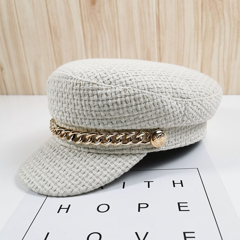 01911-shi Herfst Winter Metalen Ketting Achthoekige Hoed Mannen Vrouwen Leisure Baseball Cap: Beige