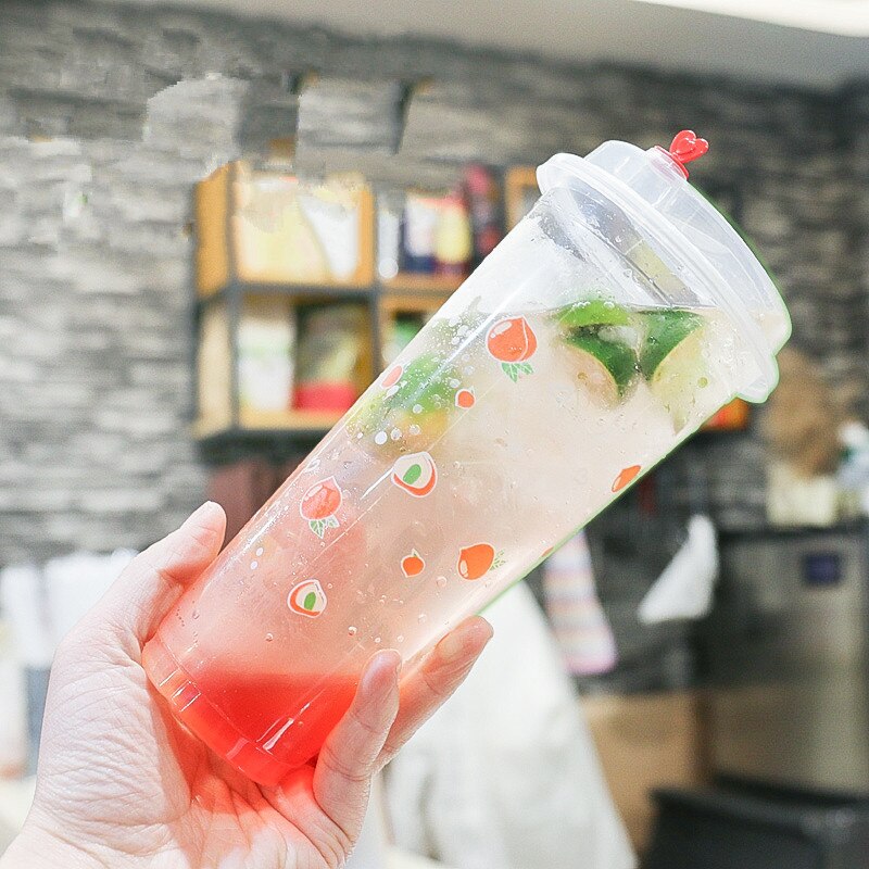 50pcs 90 caliber 500ml transparent cold drink cup fruit lemon peach pattern disposable juice plastic cups with lid
