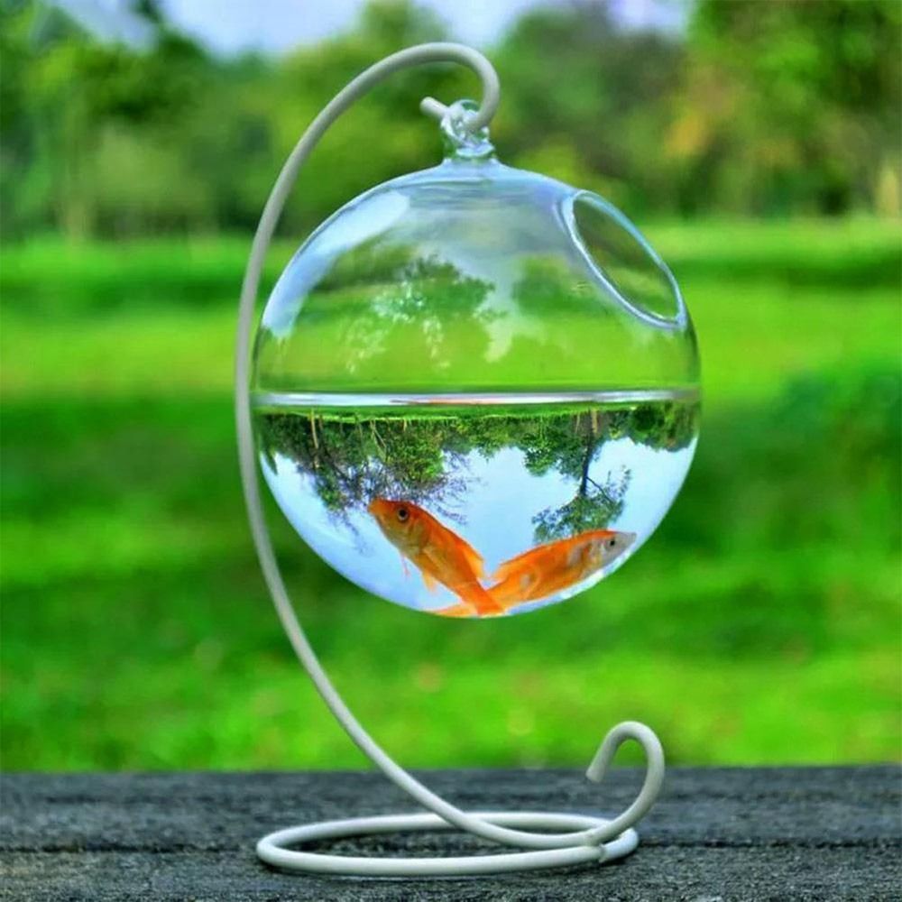 Rund/rektangulær form hengende glass akvarium fisk tank fiskeskål gjennomsiktig vase ornament med stativholder hjemdekorasjon: Gul