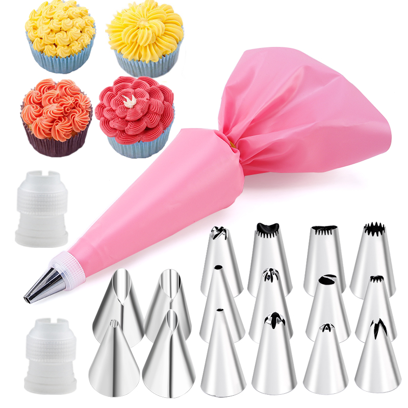 Juego de 6-24 Uds. De bolsa de repostería y boquilla para pastel de acero inoxidable, accesorios de cocina para decorar panadería, equipo de confitería: Castaño
