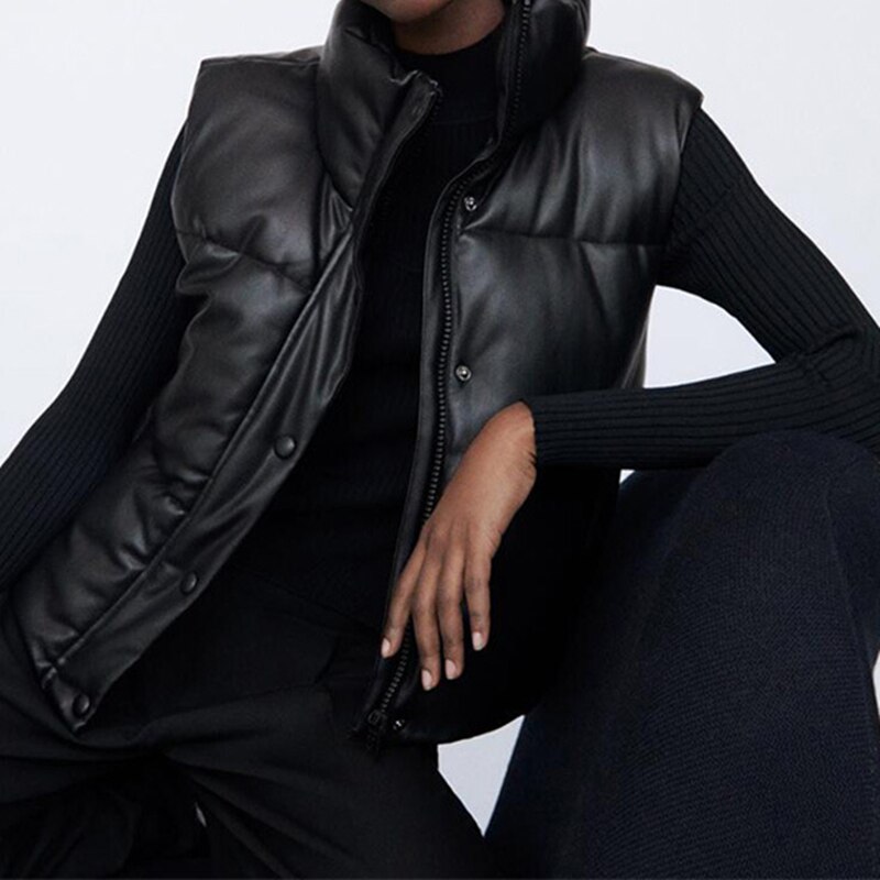 Femmes PU cuir veste bouffante épais manteaux fermeture éclair gilet vestes surdimensionné coton bulle vêtements femme Za
