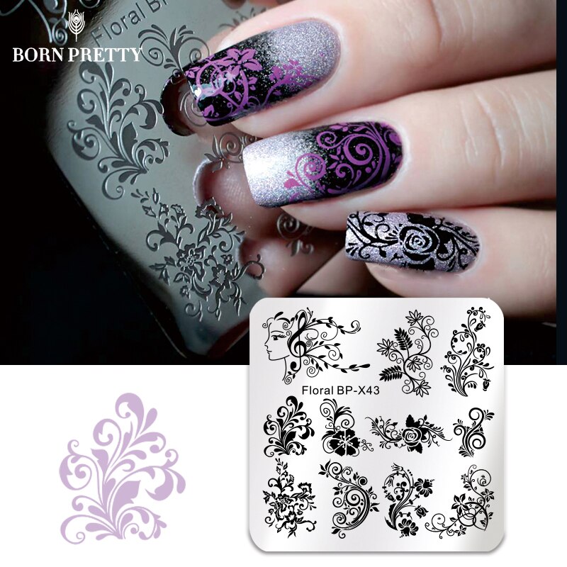 Født smuk firkantet negle stempel plade blomster rose frugt smuk blomst vinblade billede nail art billede skabelon stempel stencil