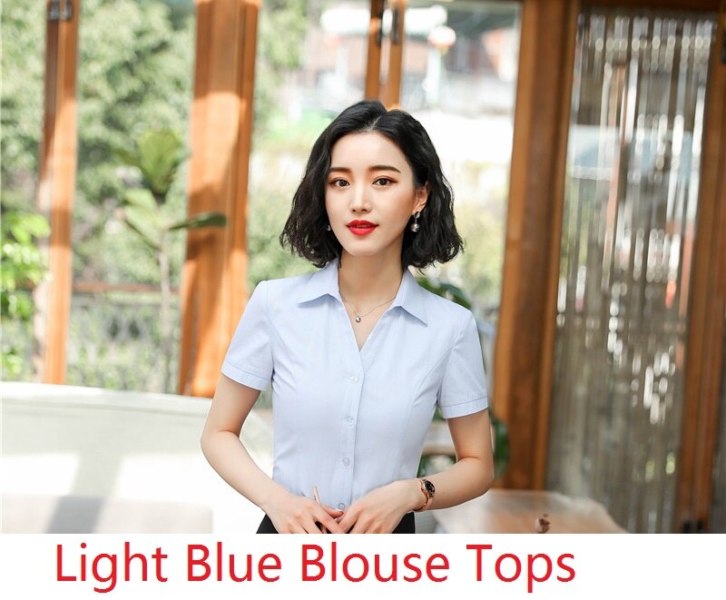 White Summer Short Sleeve Blouses & Shirts For Women Business Work Wear Blouse Female Tops Clothes Uniform Styles: Light Blue / M