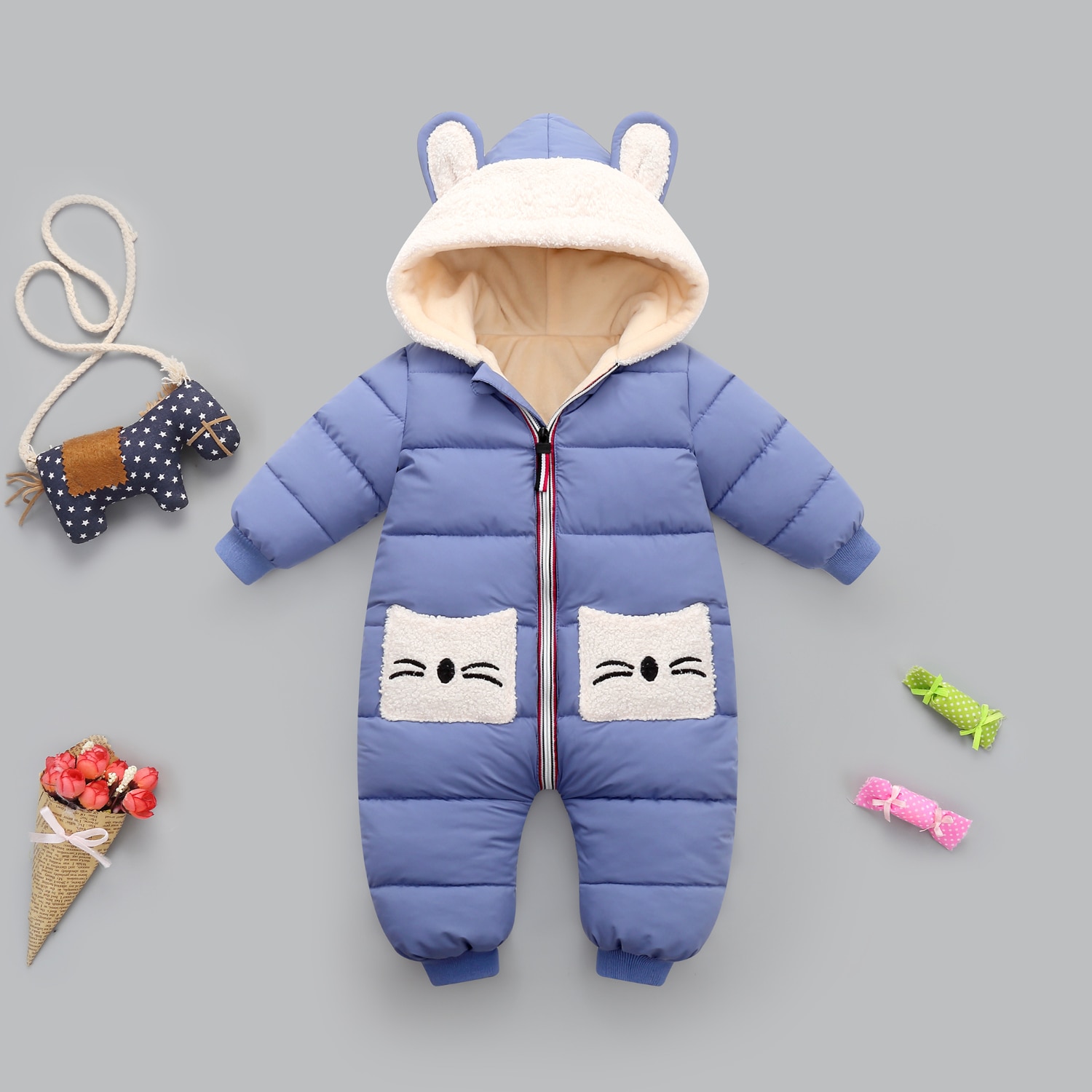 Born onesie vinter baby fløjl tøj romper til pige dreng jumpsuit børn frakke overalls børn kostume spædbørn tøj: Blå / 18m