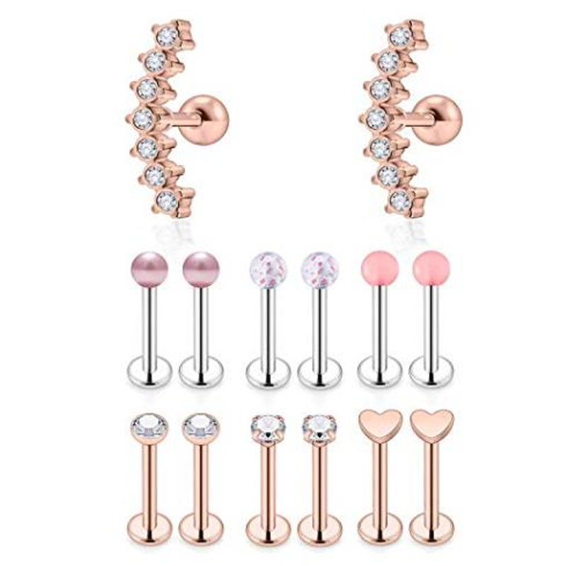 7 pares de pendientes de cartílago de oreja de plata de acero inoxidable para mujeres niñas Tragus Helix pendientes tachuelas lindo Conch Piercing trasero plano