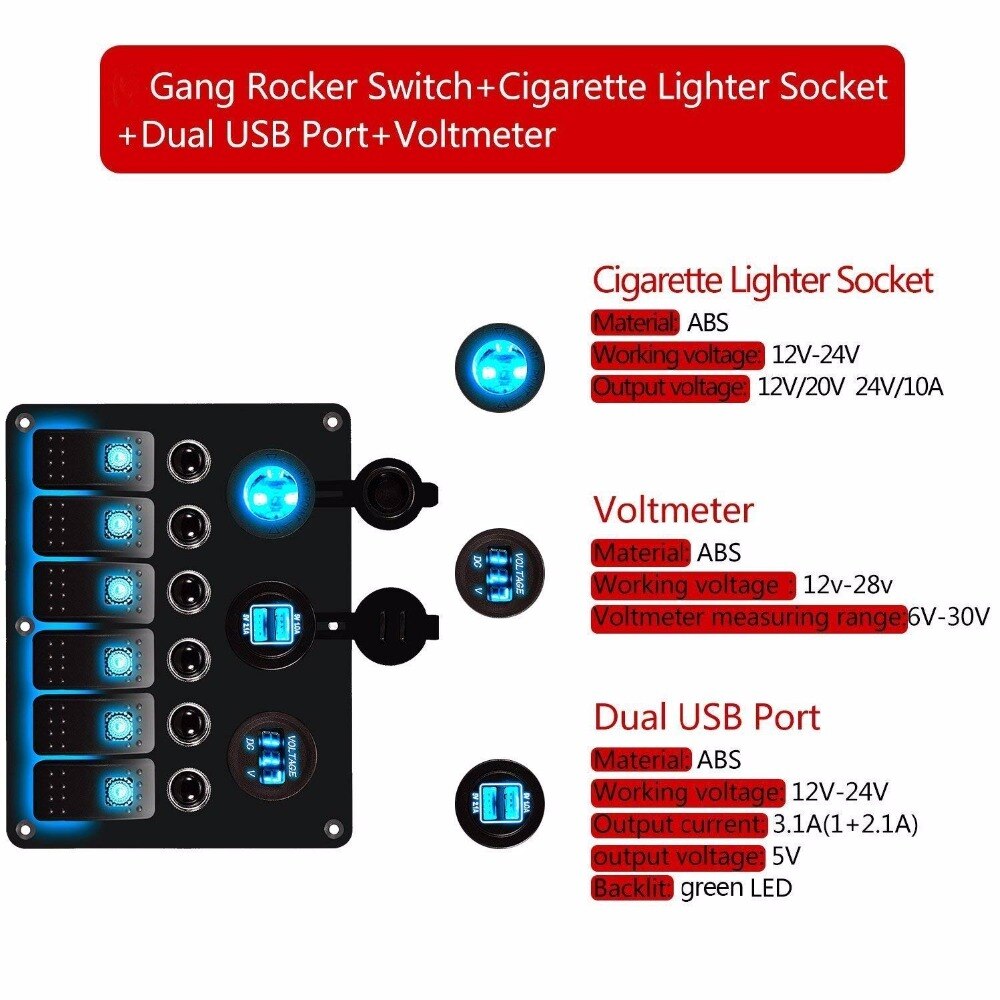 6 Gang Car Marine Boat Circuit RV LED Toggle Rocker Switch Panel Breaker Voltmeter with Fuse Double USB