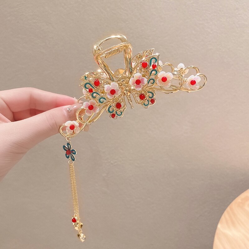 Pinzas para el pelo de estilo chino, horquillas de aleación de Palacio, horquillas de Camelia, pinzas de cangrejo con borla verde, accesorios para el cabello con personalidad: 31B