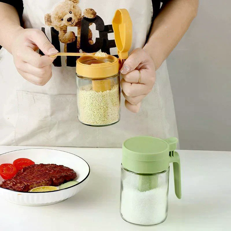 Household Kitchen Moisture-Proof Seasoning Jar Salt Container 2 In 1 Glass Spice Bottle Spoon Separation Glass Seasoning Can