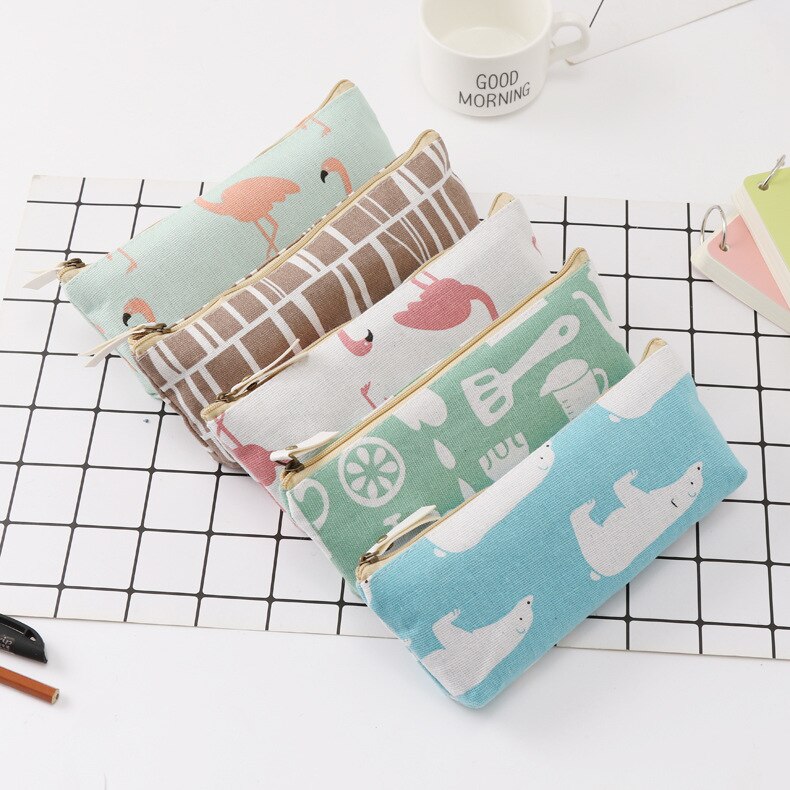 Vierkante katoenen en linnen etui met flamingoprint, rits, eenvoudige studentenstudie, schrijfwarentas, portemonnee