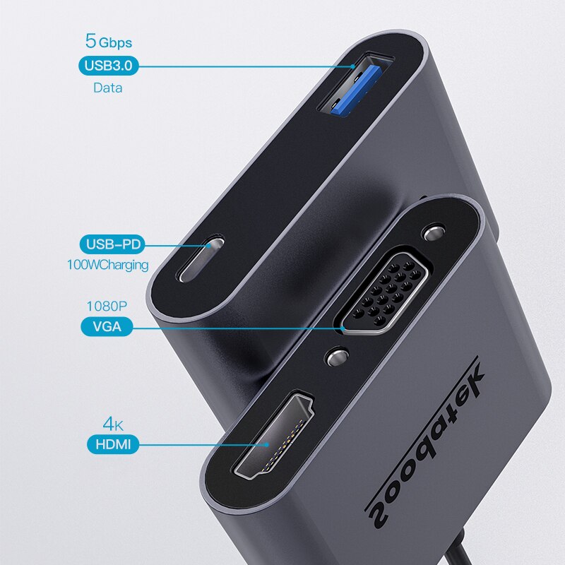 Soodatek hub USB-C multifuncional adaptador 4in-1 hdmi 4k vga rj45 multi usb 3.0 pd dock station