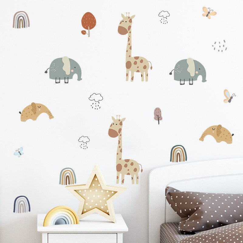 Cartoon Dieren Muurstickers Voor Baby Kinderkamer Kinderen Slaapkamer Muur Decor Giraffe Olifant Muurstickers Home Decor Wallpapers
