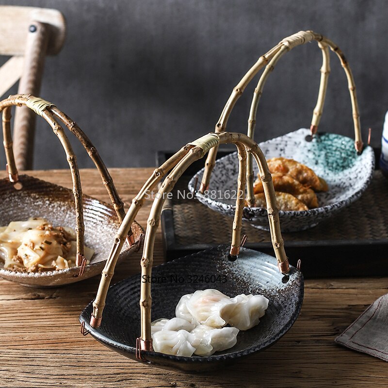 Creatieve Japanse Keramische Plaat Sushi Winkel Hotel Servies Set Borden Draagbare Bamboe Opknoping Plaat Fruit Mand Diner Platen